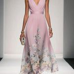 Light Blue Floral Chiffon V Neck Sleeveless A-Line Maxi Dress