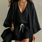 White Loose Cardigan And Drawstring Shorts Three-piece Set
