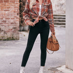 Zeagoo Loose Fit Plaid Shirt Casual Long Sleeve Lapel Collar Button Tunic Tops