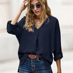 Zeagoo V-Neck Long Sleeve Buckle T-Shirt Plain Shirts Shirt Top Elegant Shirts Casual Slim Fit Basic