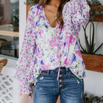 Zeagoo Long Sleeve Boho Drawstring Floral Print V Neck Shirt Buttoned Blouse Casual Tunic Tops