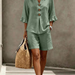 Freya Thornton | Linen Two-Piece Shorts Set with Ruffle Sleeve Detail For Women