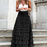 Zeagoo Women's A-Line Patchwork Mesh Cake Skirt Casual Solid Color High Waist Loose Ruffled Pleated Long Tulle Skirt