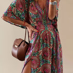 Zeagoo Women's Bohemian Printing V Neck Dress Elegant Split Ankle Length Long Dress