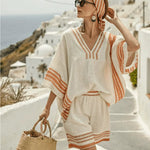 Isla Rafferty | Linen Striped V-Neck Top & Shorts Set For Women