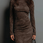 SERAPHINA HIGH NECK LONG SLEEVE SUEDE MIDI DRESS