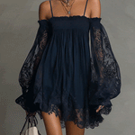 Fiorella™ | Mini Navy Chiffon Dress with Off-the-Shoulder Neckline, Lace Details, and Sheer Sleeves
