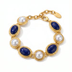 Gold Tone Lapis Lazuli Faux Pearl Alternating Alloy Bracelet