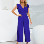 Zeagoo Women's Casual Loose Jumpsuit V Neck Sleeveless Solid Ruffle Pleated Wide-leg Long Playsuit with Belt