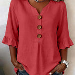 Solid V-Neck Button Ruffle Half Sleeve Casual Top
