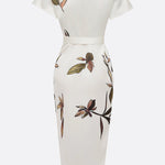 White Leaf Short Sleeve Satin Wrap Sheath Midi Dress