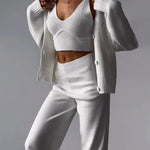 🔥(Limited 2 Days & Lowest Price) Chic V-neck Knitted Three-piece Set Crop Vest and Sweater Cardigan & Solid Wide Leg Pants