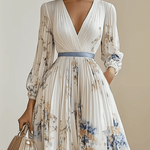 Spring New White Pleated Chiffon V Neck Floral Long Sleeve Balloon Sleeve A-Line Maxi Dress