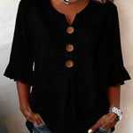 Solid V-Neck Button Ruffle Half Sleeve Casual Top
