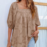 Zeagoo Quare Neck Babydoll Tops 3/4 Puff Sleeve Lace Blouse Summer Floral Textured Shirts