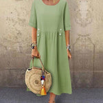 Zeagoo Women's Casual Loose Round Neck Cotton Linen Long Dresses with Pockets