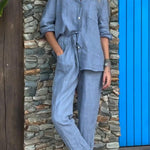 Casual Solid Color V-Neck Shirt & Pants Cotton Linen Two-Piece Set