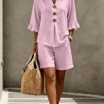 Freya Thornton | Linen Two-Piece Shorts Set with Ruffle Sleeve Detail For Women