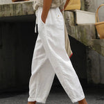 Solid Color Cotton Linen Lace Up Loose Casual Pants