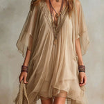 Green Chiffon V-neck Layered Flowy Mini Dress
