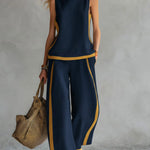 Round Neck Sleeveless Casual Loose Top And High-waisted Wide-leg Pants Set