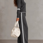 White Half-zip Collar Ribbed Sweatshirt And Color-blocked Wide-leg Pants Suit