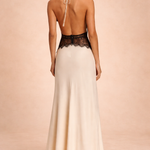 Phoebe Stafford | Halter Neck Satin Maxi Dress with Lace Waist Panel For Women