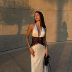 Phoebe Stafford | Halter Neck Satin Maxi Dress with Lace Waist Panel For Women