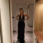 Phoebe Stafford | Halter Neck Satin Maxi Dress with Lace Waist Panel For Women