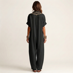 Amarina | Embroidered V-Neck Collar Linen Maxi Dress