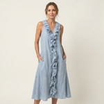 Vicky | Ruffle-Front V-Neck Sleeveless Linen Maxi Dress