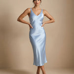 Light Blue Satin Fabric Slim Fit Midi Slip Dress