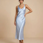 Light Blue Satin Fabric Slim Fit Midi Slip Dress