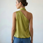 Olive Green Satin Asymmetric Halter Neck Tie Top