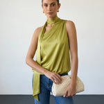 Olive Green Satin Asymmetric Halter Neck Tie Top