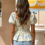 Floral Print  Sweetheart Neck Puff Sleeve Peplum Top
