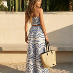 Boho Print Smocked Tube Top High Waist Wide Leg Pants Set