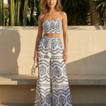 Boho Print Smocked Tube Top High Waist Wide Leg Pants Set