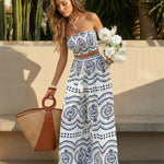 Boho Print Smocked Tube Top High Waist Wide Leg Pants Set