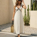 White Striped Scallop Trim Tie Strap Maxi Dress