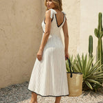 White Striped Scallop Trim Tie Strap Maxi Dress