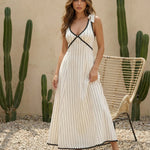 White Striped Scallop Trim Tie Strap Maxi Dress