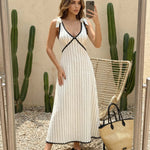 White Striped Scallop Trim Tie Strap Maxi Dress