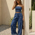 Blue Print Smocked Tube Top Wide Leg Pants Set