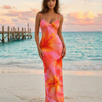 Pink Orange Hibiscus Print Sweetheart Neck Maxi Dress