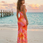 Pink Orange Hibiscus Print Sweetheart Neck Maxi Dress