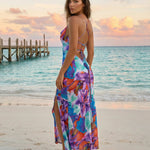 Tropical Floral Print Cowl Neck Spaghetti Strap Maxi Dress