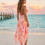 Pink Watercolor Floral Print Tiered Ruffle Chiffon Maxi Dress