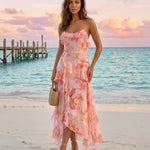 Pink Watercolor Floral Print Tiered Ruffle Chiffon Maxi Dress