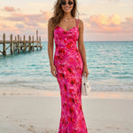 Red Floral Print Cowl Neck Spaghetti Strap Bodycon Maxi Dress